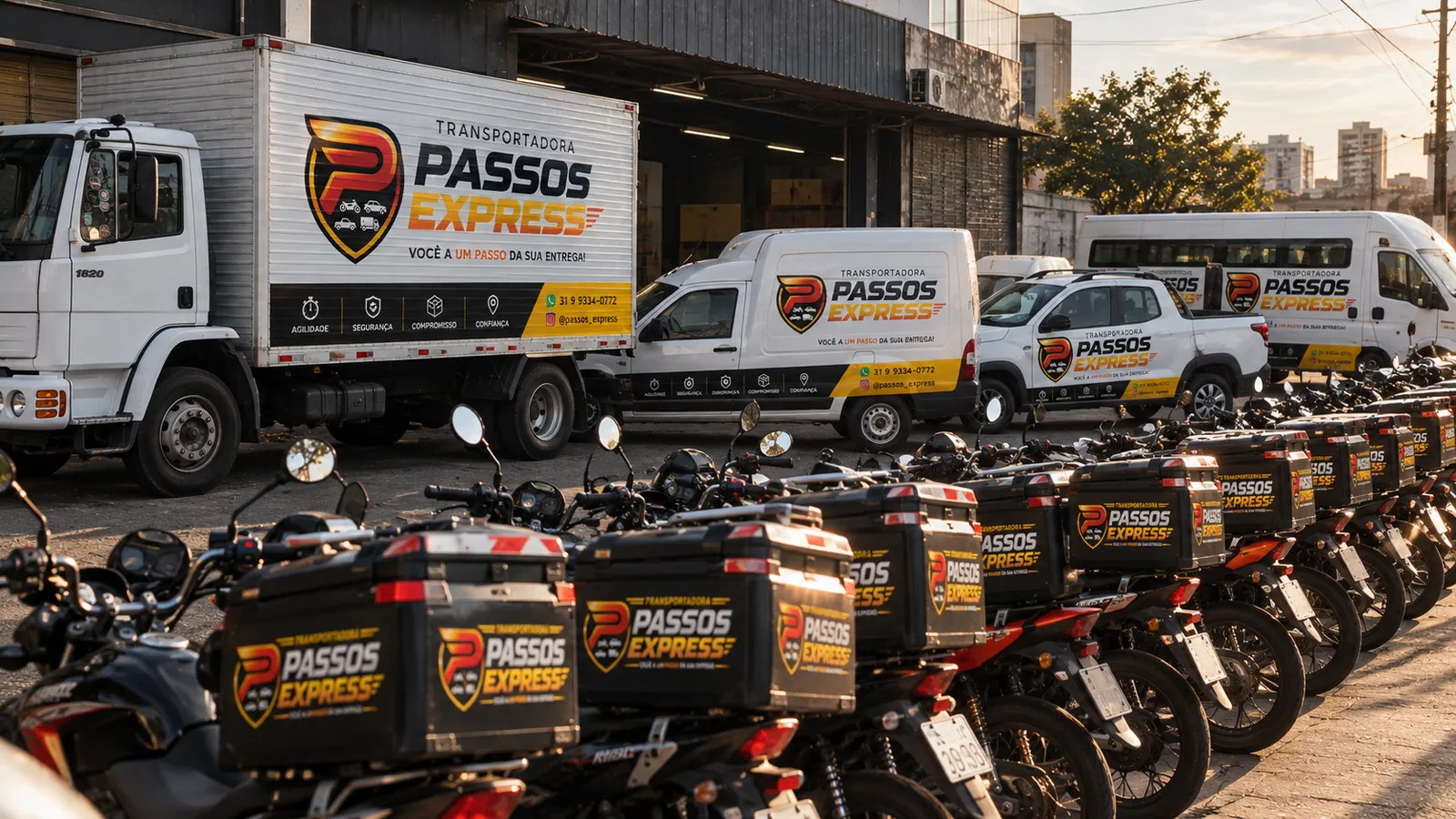 Frota da Passos Express com motos, utilitários e caminhão